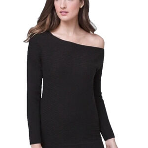 WHBM Cashmere Blend Ribbed Off Shoulder Classic Black Asymmetric Sweater Size XS